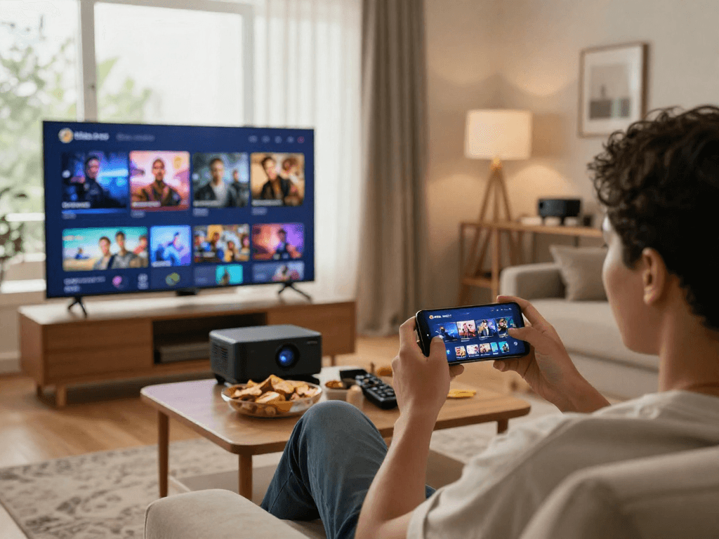 Expérience de divertissement avec l'application atlas pro sur smartphone dans un salon convivial.