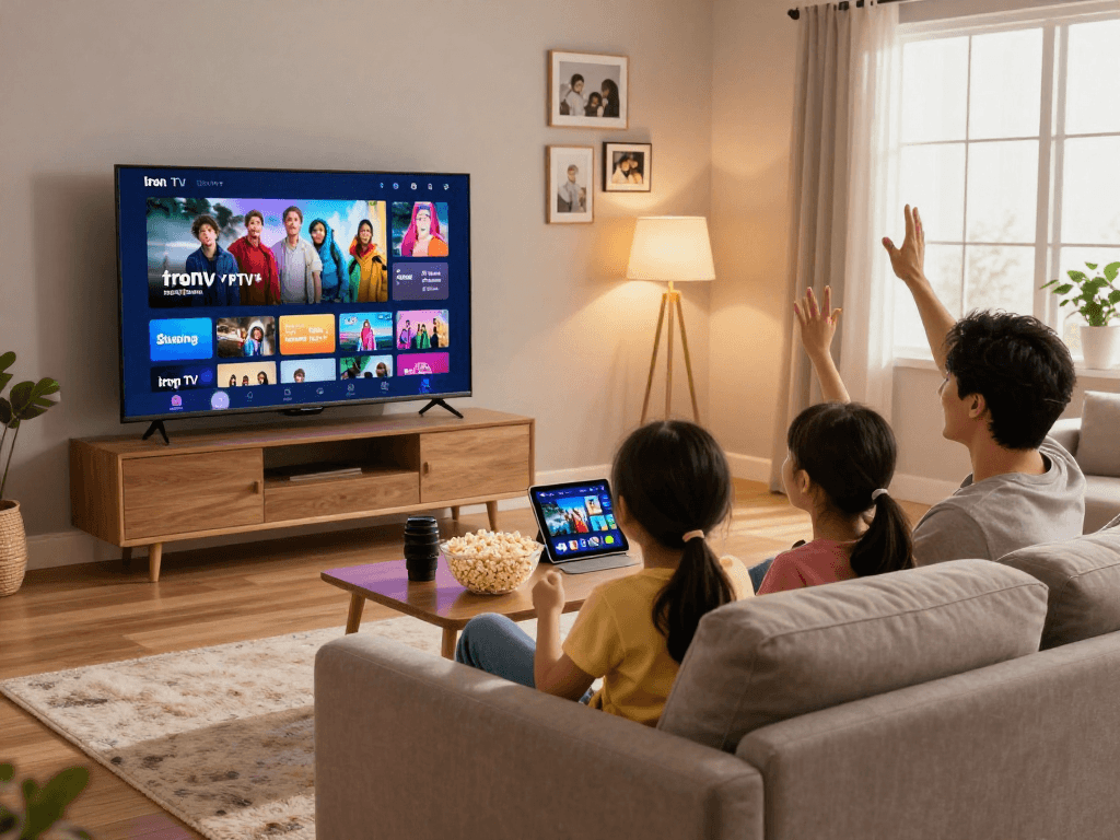 Famille profitant d'Iron TV pour regarder des films en HD et 4K dans un salon chaleureux.