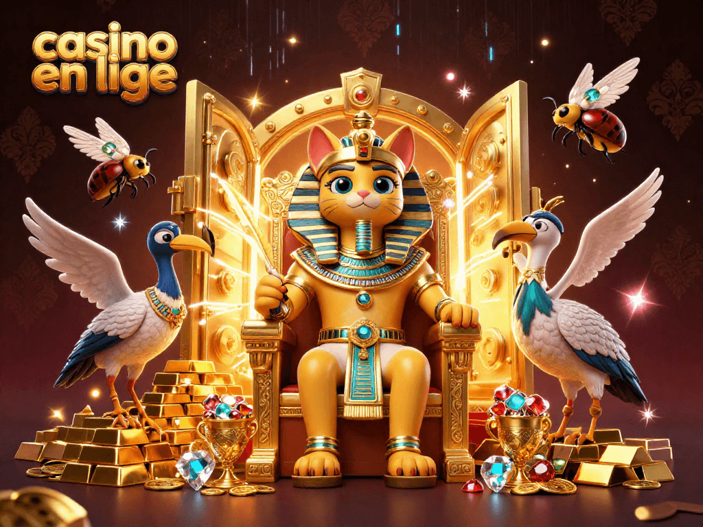 Plongez dans l'univers du casino en ligne avec un chat pharaon en or s'illuminant de trésors et de bonus.