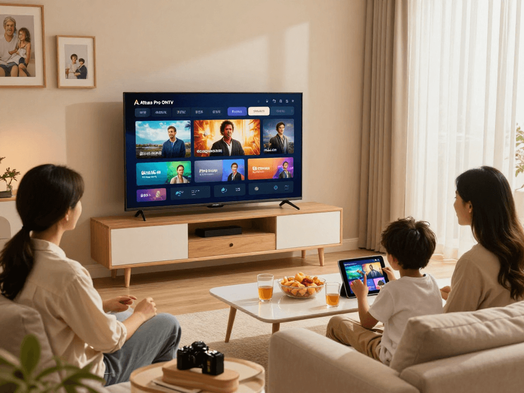 Une famille profitant du service Atlas pro ontv dans un salon moderne, regardant un film en HD.