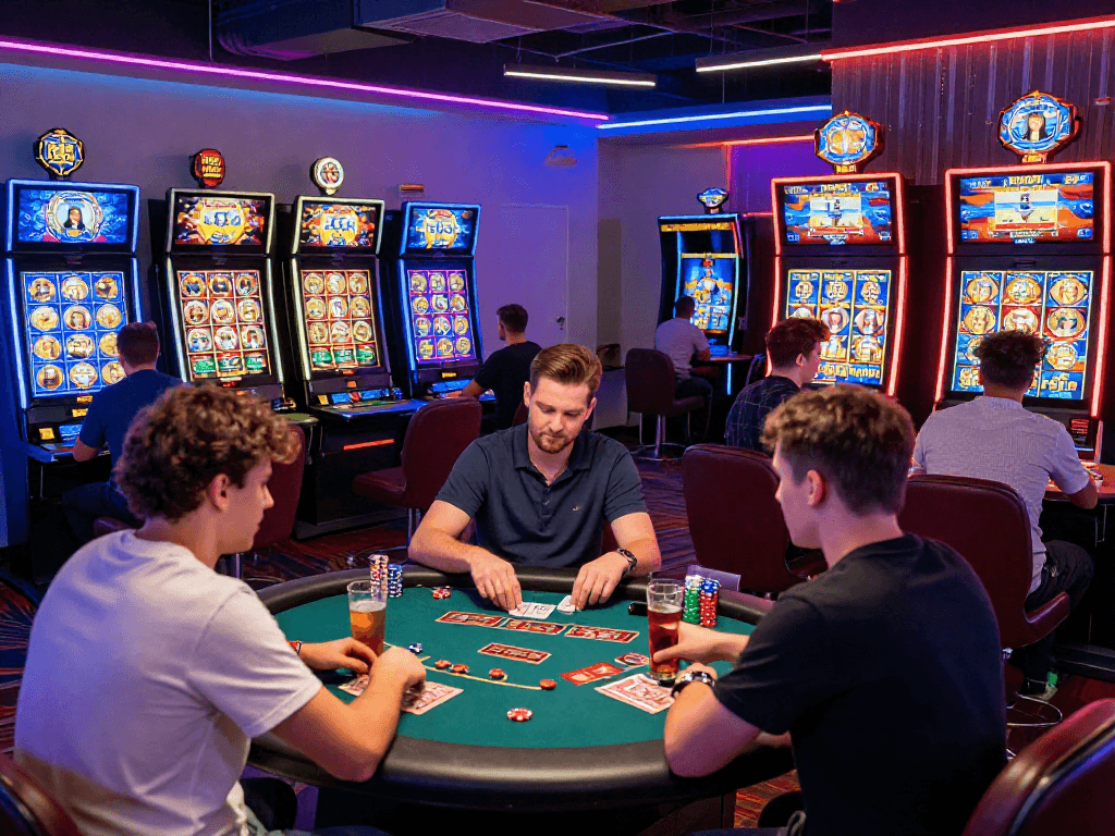 Casino en ligne avec des joueurs divers profitant des machines à sous, jeux de table et dealers en direct dans une ambiance animée.