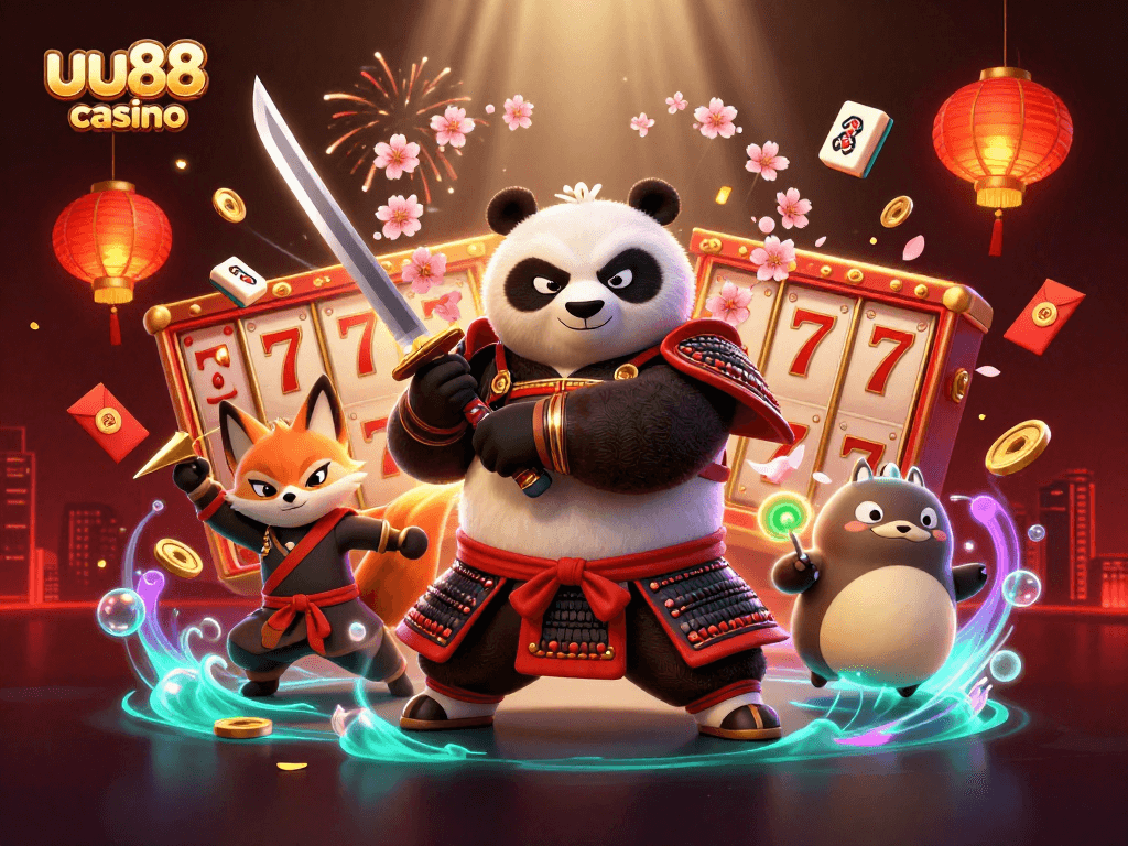 Join the thrilling action at uu88 casino with vibrant samurai panda and ninja fox in a colorful casino scene.